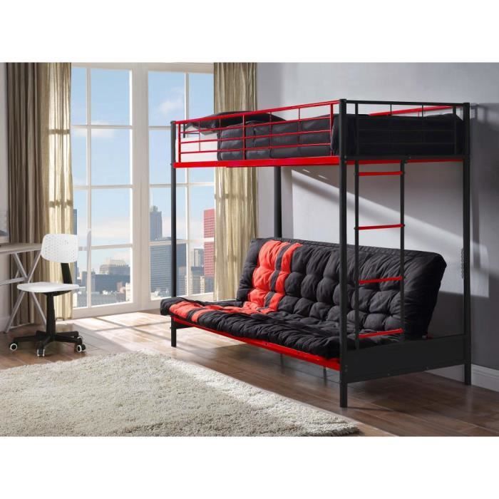 lit mezzanine 90x190 cm avec banquette convertible en métal noir et rouge + futon modulo v
