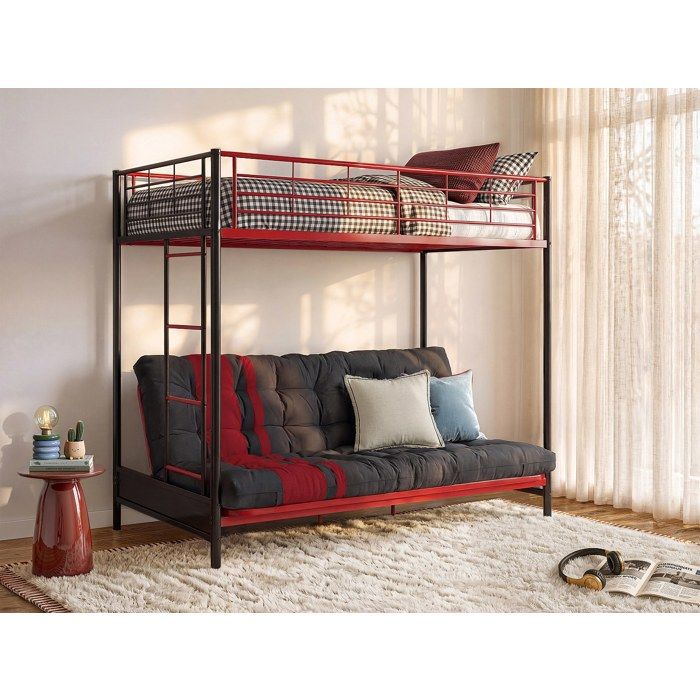 Lit mezzanine 90 x 190 cm - Avec banquette convertible - Métal - Noir et rouge + Futon - MODULO V