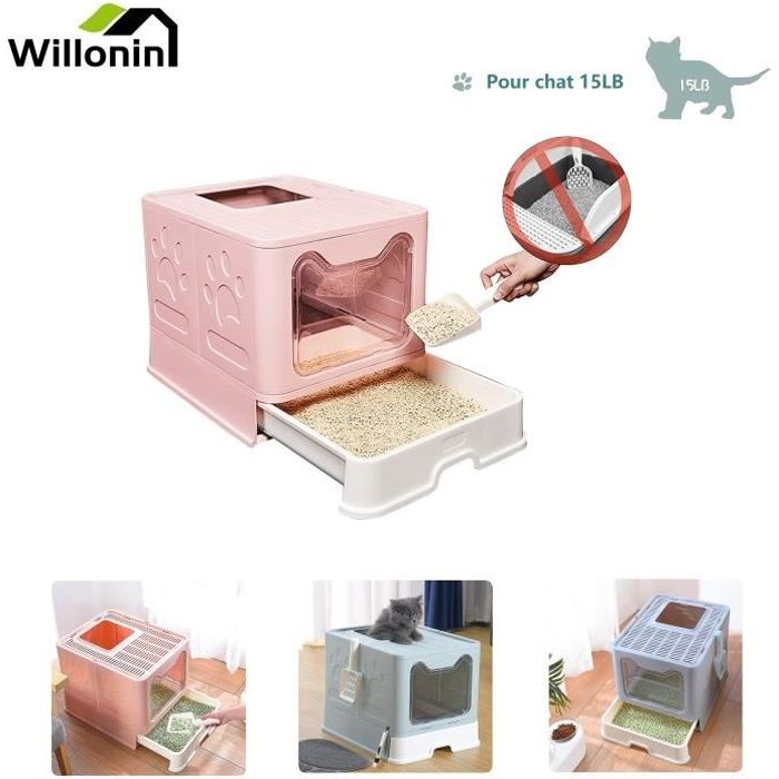 Meilleurs prix pour Willonin® Bac à Litière pliable chat, Bac pliant Rose avec tiroir pelle, Maison de Toilette Chat Anti Odeur, L 51 x P 41 x H 38 cm