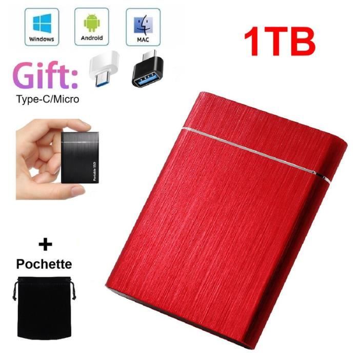 Disque Dur Externe Mini SSD Portable 1TB 1To Stockage Rouge avec OTG + Étui  Housse Sac de Protection - Cdiscount Informatique