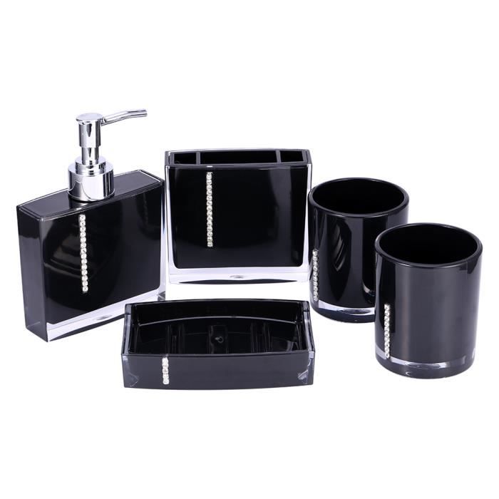 Set Salle De Bain Noir 5 Pièces - Distributeur Savon, Porte-brosse à Dents, Porte-savon, Tasse, Plateau