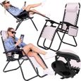 SPRINGOS® Chaise de jardin Chaise relax Chaise longue de plage avec appui-tête Porte-gobelet Accoudoirs Haut dossier - Rose-1