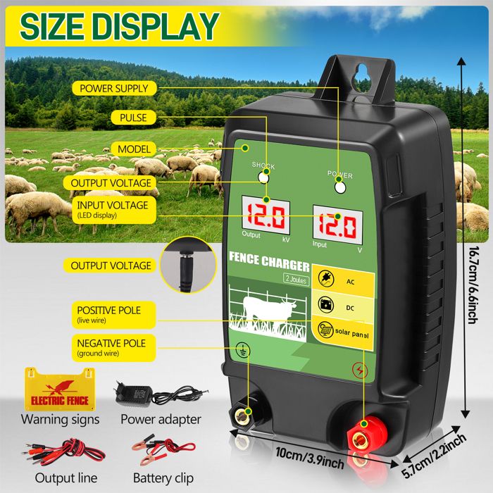 Électrificateur De Clôture 12V - Portée 5 Km - Avec Affichage LED - Pour Chiens, Chevaux, Bovins, Moutons - Sécurité Animale - 11