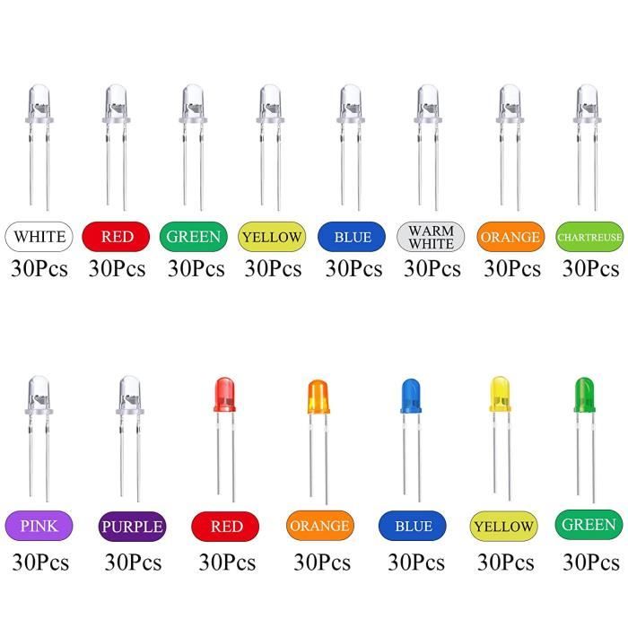 Lot De 100 LED 3mm - Différentes Couleurs - Pour Arduino, Projets électroniques