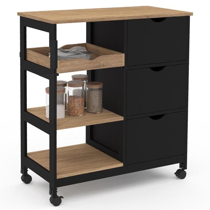 IDMarket Desserte De Cuisine MUNA 3 Paniers + 1 Plateau Amovible - Noir Et Effet Hêtre L.76 Cm