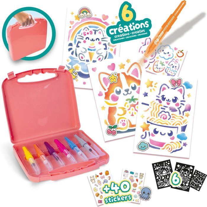 Blopens Valisette Vive Les Vacances – Set De Dessin Aérographe Avec 15 Mini Feutres Soufflants, 15 Pochoirs Et 15 Feuilles – Format Voyage Dès 5 Ans
