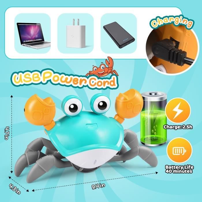 Adeokay Crabe Musicien Marcheur – Rechargeable USB, Infrarouge, Dès 3 Mois, Cadeau Éveil Bébé 1-2 Ans