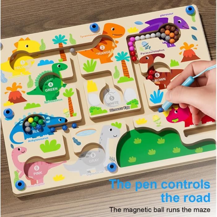 Labyrinthe Magnétique Dinosaures En Bois - Jouet Éducatif 3 Ans+ - Développe Motricité & Comptage - 22,7x15,5cm