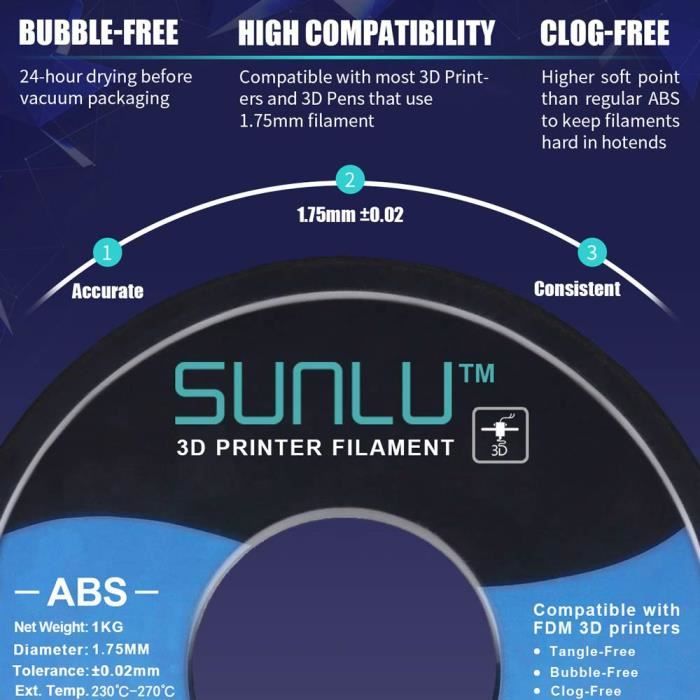 Filament ABS 1.75mm, Filament Durable Hautement Résistant pour Imprimante  3D, Précision Dimensionnelle +-- 0.02mm, Filaments A[152] - Cdiscount  Informatique