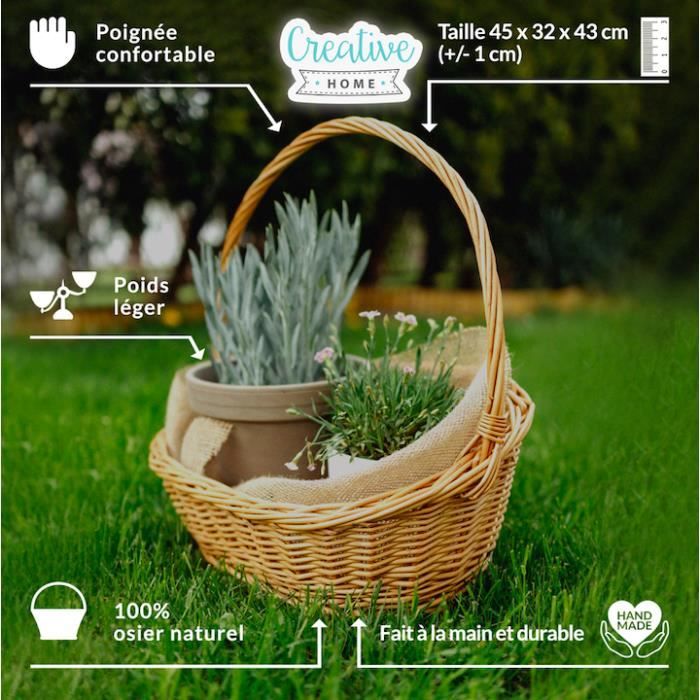 Panier En Osier Ovale 60x40x39 Cm - Panier à Bois Avec Poignées, Brun Naturel, Fabriqué à La Main