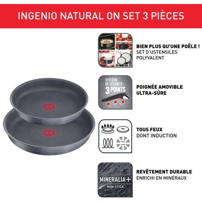 Tefal Ingenio Easy On Lot de 3 poêles de 22/24/26 cm, antiadhésifs,  revêtement titane, thermosignal, poignée amovible, passe au lave-vaisselle  et au four, ne convient pas à induction. : : Cuisine et