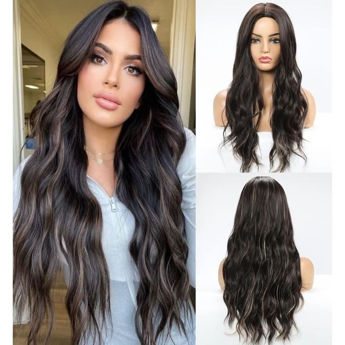 Meches Sur Cheveux Chatain Foncé Perruque synthétique marron foncé avec mèches blondes pour femme Longueur  moyenne 56 cm - Cdiscount Au quotidien