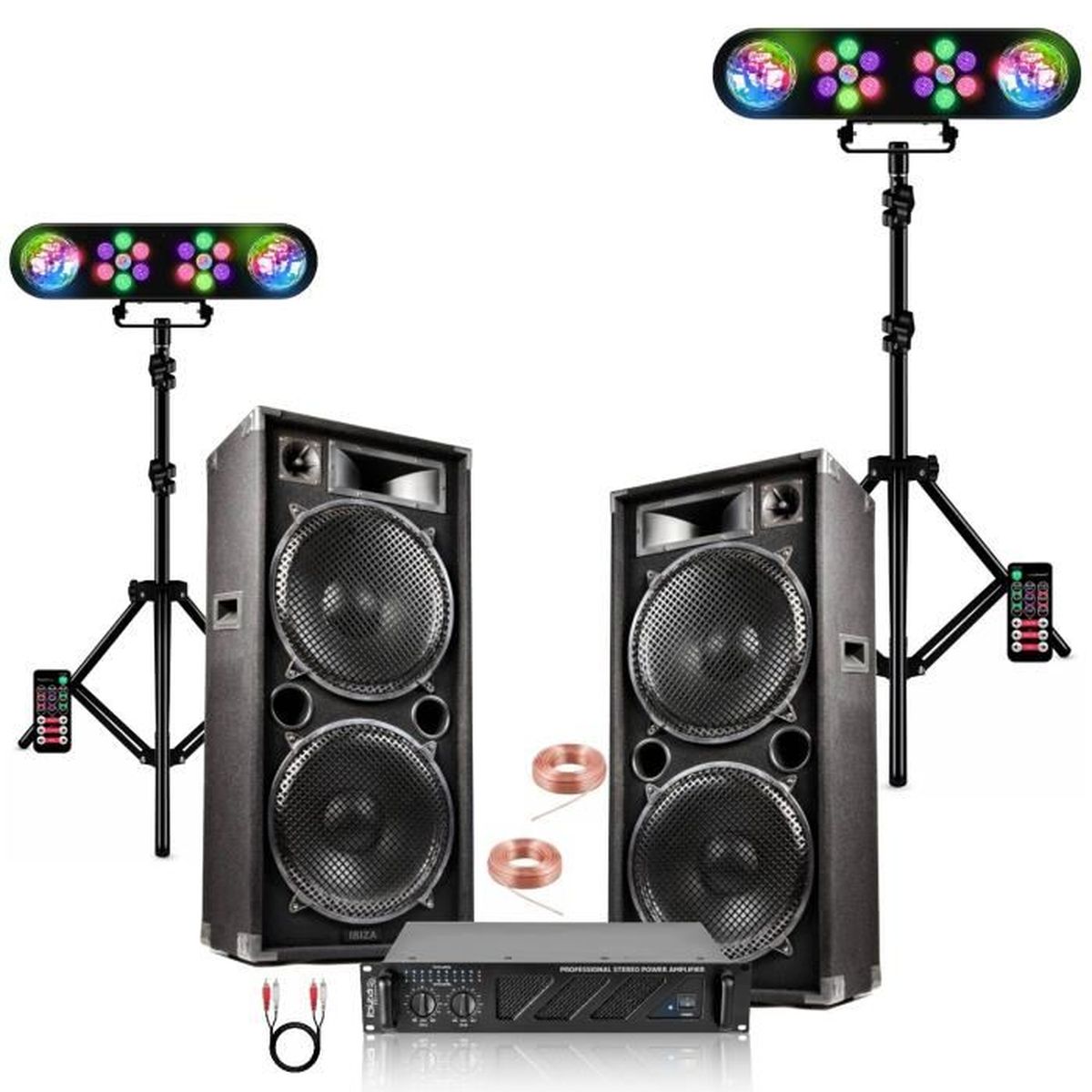Pack Sono Ibiza Sound Light 2480W - 2 Enceintes 1000W + Ampli 2x480W + Table De Mixage + Jeux De Lumière - Idéal Fête, Soirée