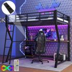 LEYTN Lit mezzanine enfant 90x200 cm Lit loft Lit simple en fer avec bureau bande LED ports USB et sommier à lattes - noir