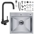 Cecipa Évier de Cuisine 1 Bac, 50 x 45 x 18,5 cm + Robinet de Cuisine Rabattable Noir, Mitigeur Sous Fenêtre, Avec 2 Jets aux Choix