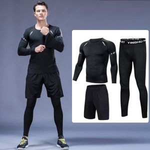 COMBINAISON DE COMPRESSION Ensemble tenue de compression hommes 3 pcs Maillot manches longues+Collant Running+Short Sport Dry Fitness Legging Séchage Rapide