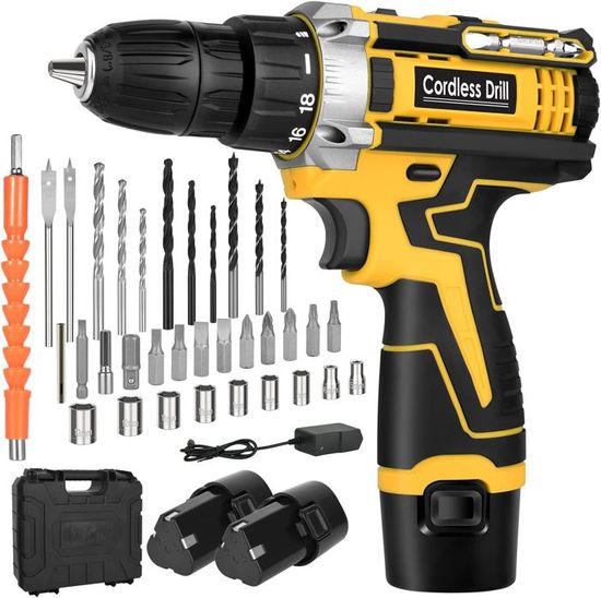 Perceuse-visseuse Sans Fil 12V Power - 2 Batteries 2000mAh - 24 Accessoires - 25+3 Positions Couple - LED