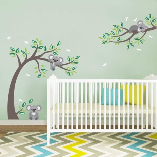 Decalmile Stickers Muraux Koala Et Arbre Palmier Tropical - Décoration Chambre Bébé Enfants