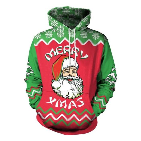 Pull De Noël Homme 2024 - Sweat à Capuche Col Rond - Impression 3D Père Noël - Polyester/élasthanne