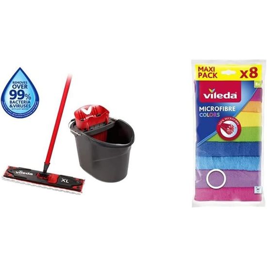 Set Balai Vileda Ultramax XL + Recharge - Microfibre 2en1, Seau Essoreur - Pour Grandes Surfaces
