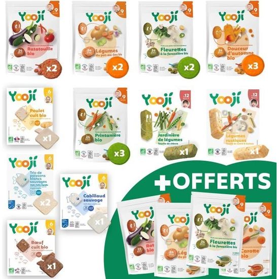 Yooji- Repas bio alimentation bébé 6 mois –Panier 1 mois  purées,légumes,viandes,poissons(livre diversification + 2 sachets offerts)  - Achat / Vente légumes cuisinés Yooji- Repas bio alimentation bébé 6 mois  –Panier 1 mois