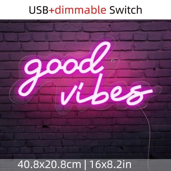 Panneau Néon LED Personnalisé 'Good Vibes' - 40x20 Cm, Rose, USB, Pour Décoration Chambre, Bar, Fête