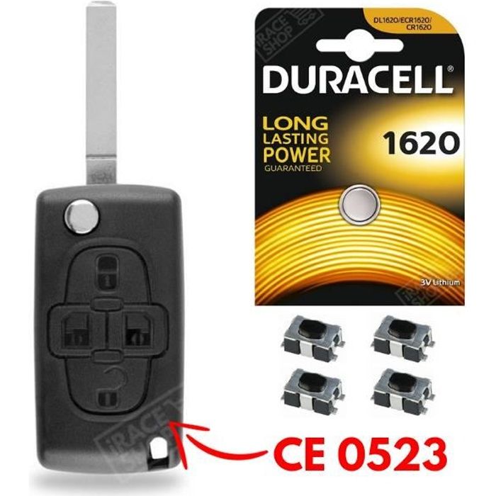 Coque de Télécommande Boitier Clé Plip pour PEUGEOT 1007 807 + Switch + Pile CR1620 DURACELL