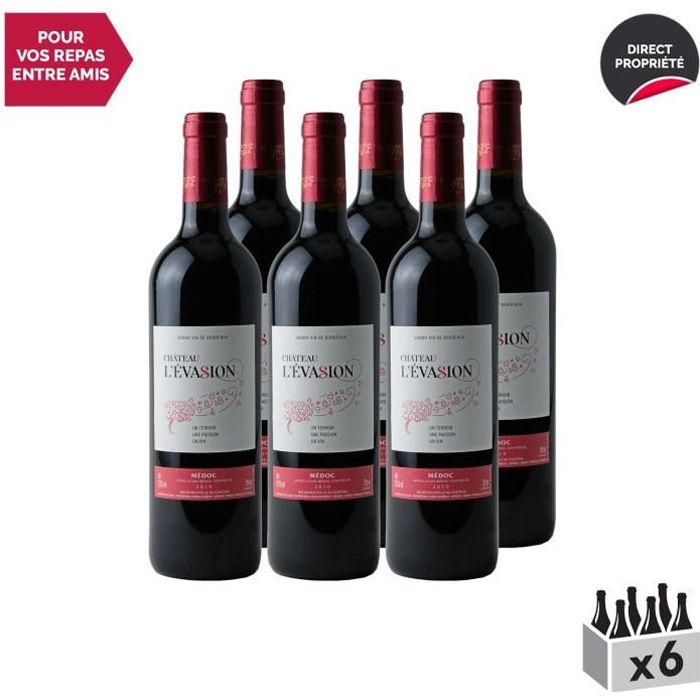 Château l'Évasion Médoc Rouge 2019 - Lot de 6x75cl - Vin AOC Rouge de Bordeaux - Cépages Merlot, Cabernet Sauvignon