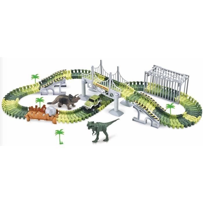 PIFUN Circuit flexible Dinosaures 144 rails + 1 voiture Passerelle / Cage / Bifurcation / Pont suspendu / rampes / Boule / 2