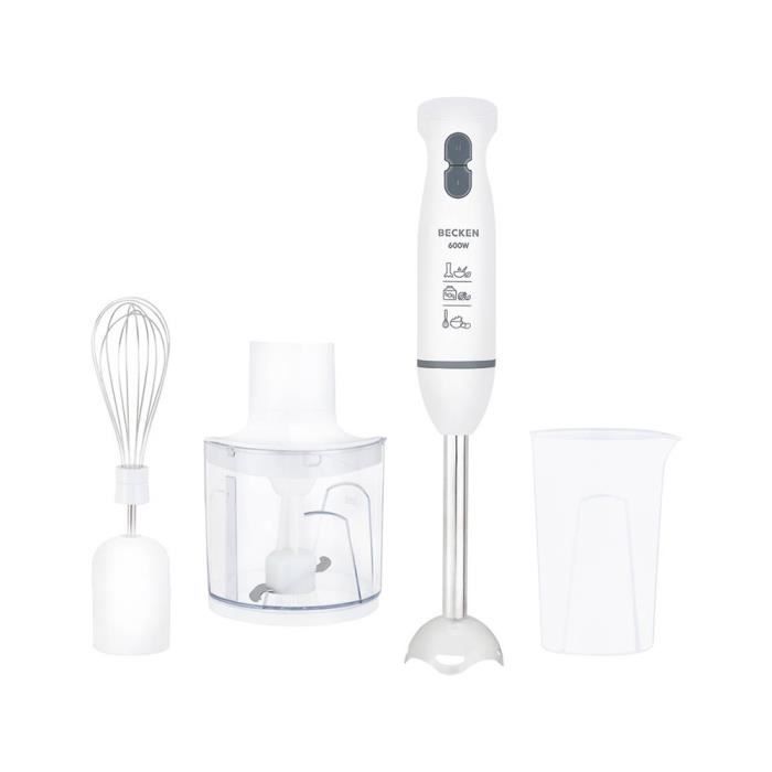 Mixeur plongeant avec accessoires - Batteur pour oeufs et pâte légère - Tasse à mesurer de 450ml - Becken 600W Blanc - BHB4577
