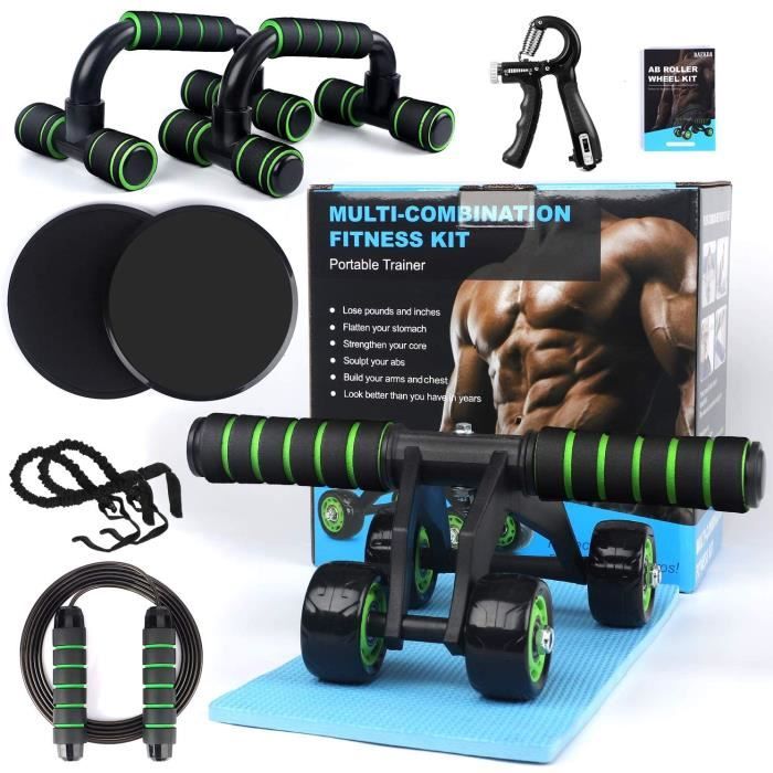 Roue Abdominale Appareils de Fitness ab wheel + Poignée de Pompe + Corde à Sauter + Pince à Main + Disques de Glisse+Bandes de Résis