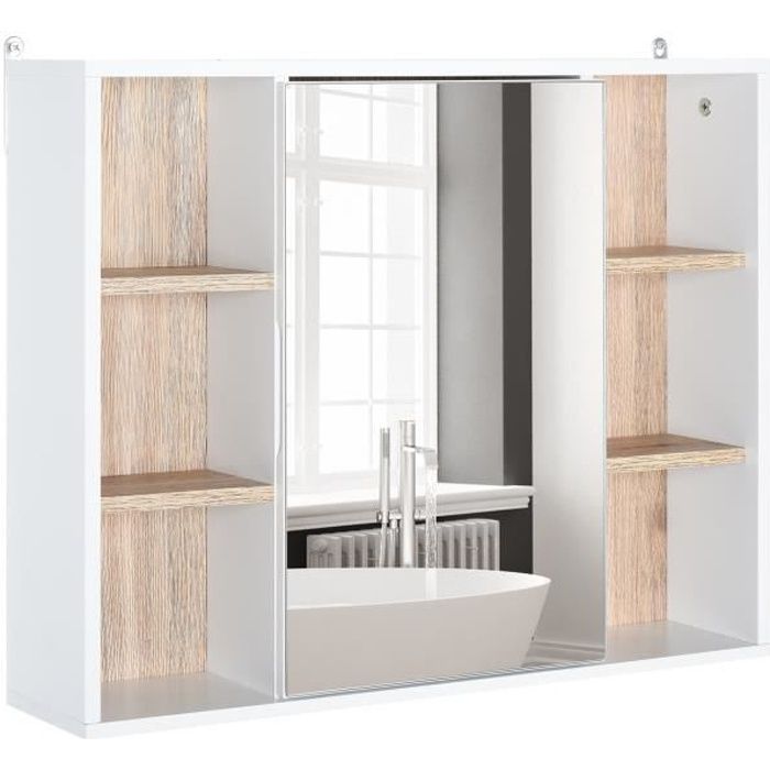Miroir de salle de bain avec placard et étagères - 4 étagères latérales + 2 étagères intérieures - MDF panneaux particules blanc
