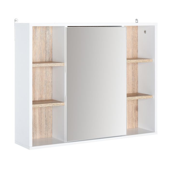 Miroir de salle de bain avec placard et étagères - 4 étagères latérales + 2 étagères intérieures - MDF panneaux particules blanc
