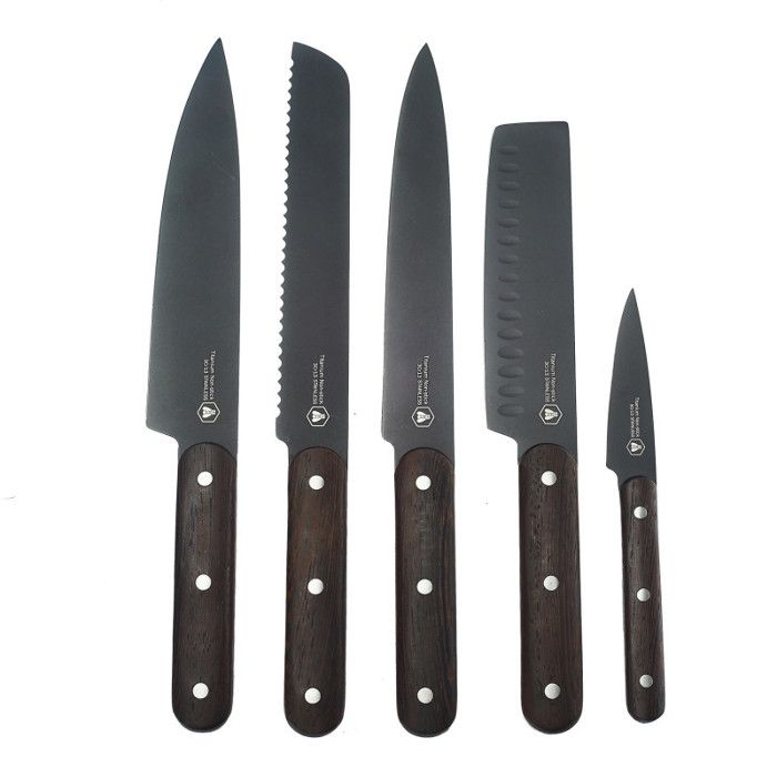 LAGUIOLE - Set de 5 Couteaux de Cuisine - Lame Noire - Manches en Bois d'Hêtre - acier inoxydable - multicolore