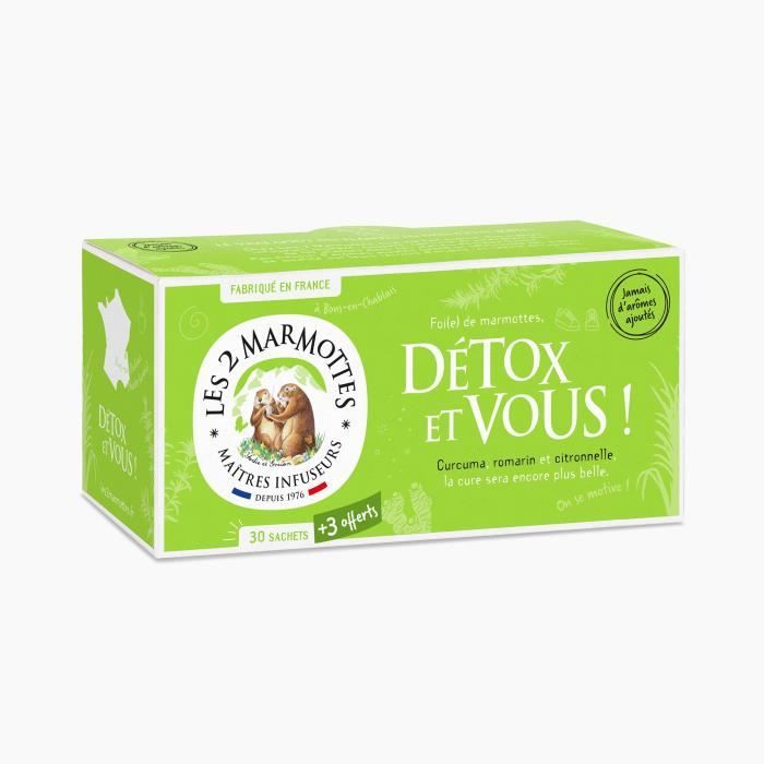 Les 2 Marmottes - Infusion -Détox et Vous- 30 sachets - Curcuma et Romarin - Made In France - Sans arômes ajoutés