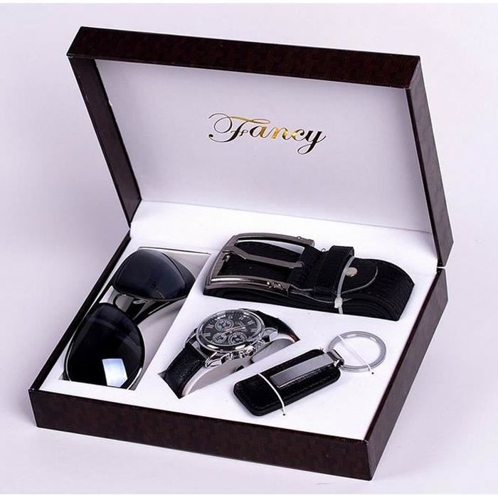Coffret Cadeau Lunettes de Soleil pour Homme Cuir synthétique à Quartz analogique Montre Bracelet Ceinture Porte-clés