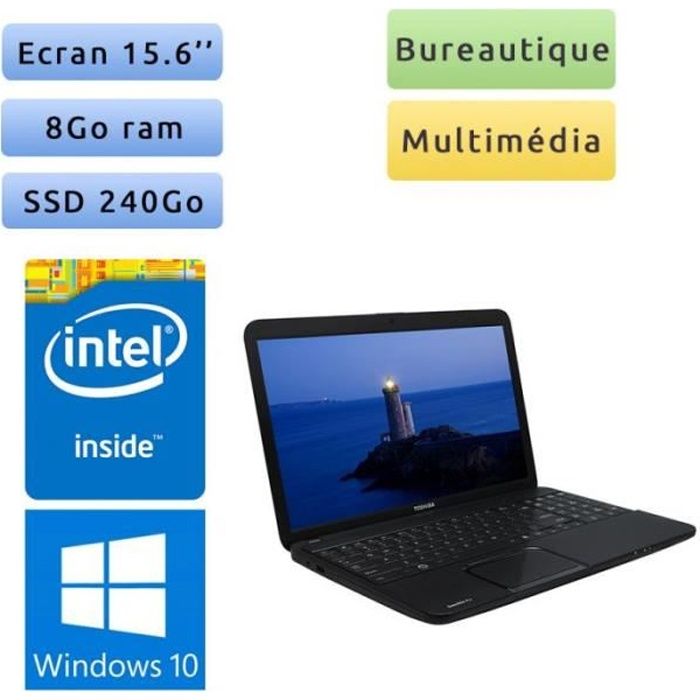 Toshiba Satellite Pro C850-10R - Windows 10 - 1.6Ghz 8Go 240Go SSD - 15.6 - Webcam - Ordinateur Portable PC Noir