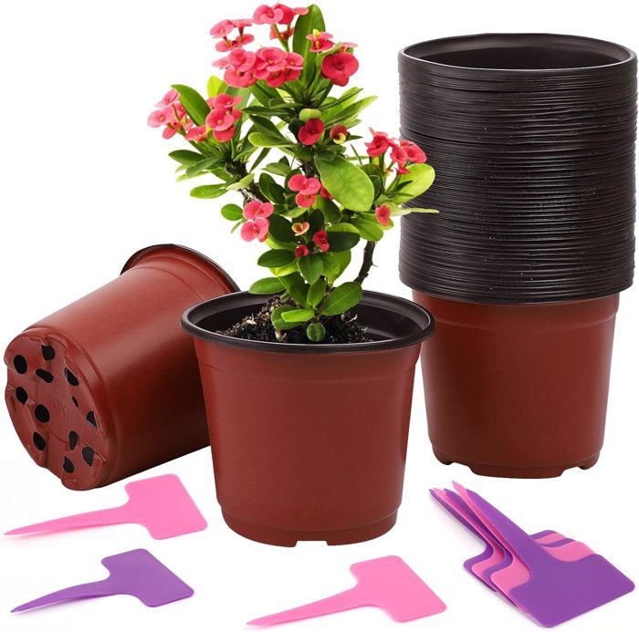 100 Pots De Fleurs Plastique 10cm + 100 étiquettes Plantes - Kit Semis Et Rempotage CNNIK