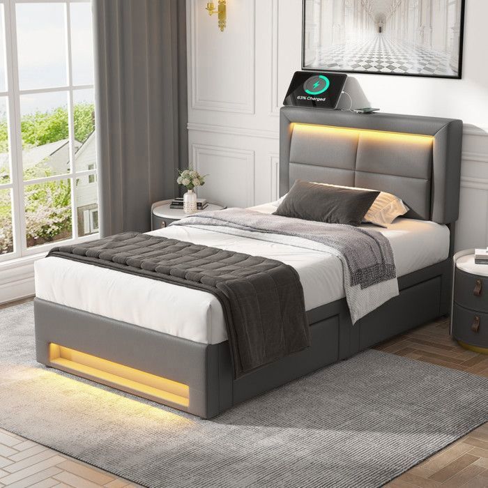 Lit simple 90x200 cm lit coffre PU USB LED 4 tiroirs sommier à lattes pour enfant/adulte gris