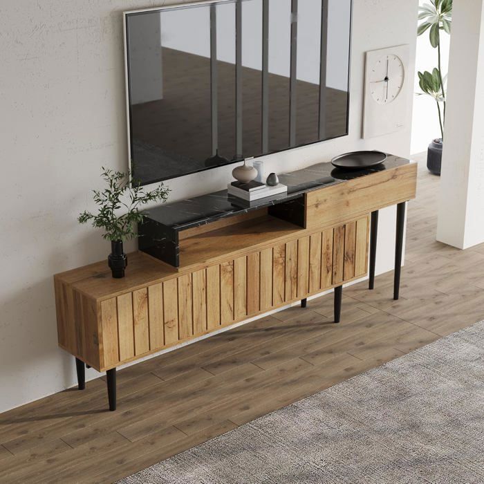Lemonbest Meuble TV en Bois 180 cm avec Pieds en Fer Modèle de Marbre en PVC Conception en Gradins Meuble Tele Banc TV  Bois