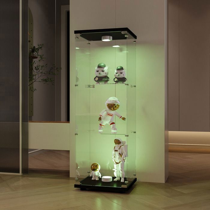 ADWOLT Vitrine en Verre - Vitrine avec Lumières LED - 3 étagères et 1 porte - Verre Trempé - 42x36x125cm - Noir - Pour Salon