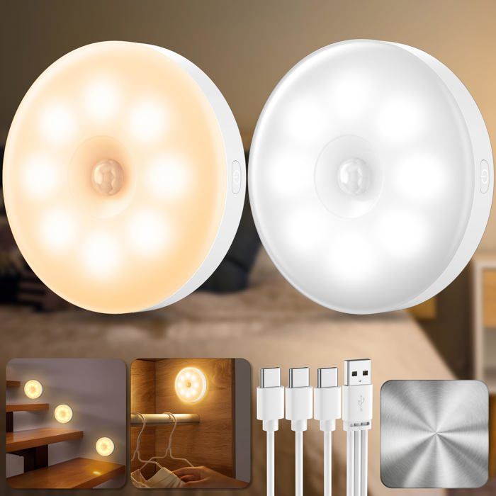 2Pcs Lampe Detecteur de Mouvement Interieur Veilleuse Detecteur de Mouvement Pour Couloir Cuisine éclairage Descalier