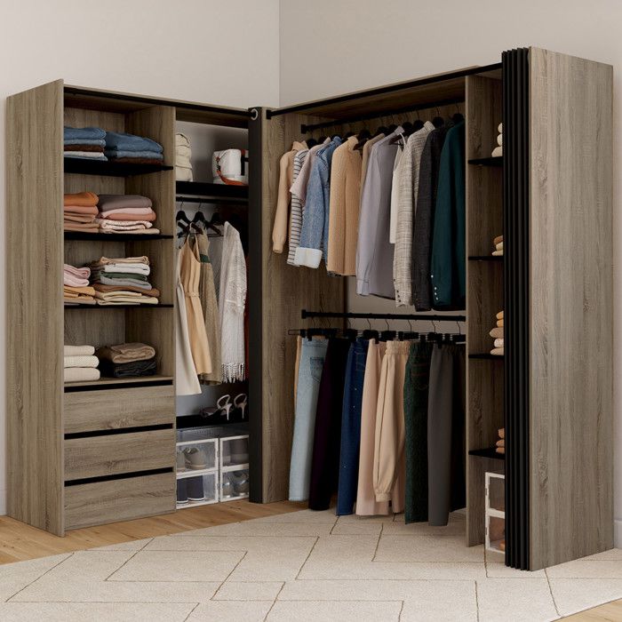 IDMARKET Dressing extensible dangle MARLON 200 x 150 x 180 cm hêtre avec penderies + tiroirs + étagères + rideaux noirs IDMARKET Dressing extensible dangle MARLON 200 x 150 x 180 cm hêtre avec penderies + tiroirs + étagères + rideaux noirs