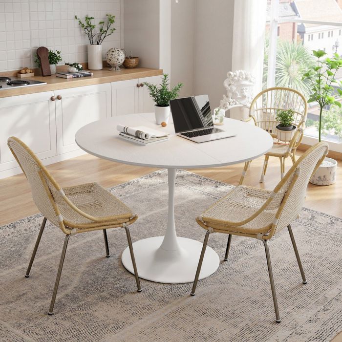 Table salle à manger ronde 120 cm, plateau laqué brillant effet bois