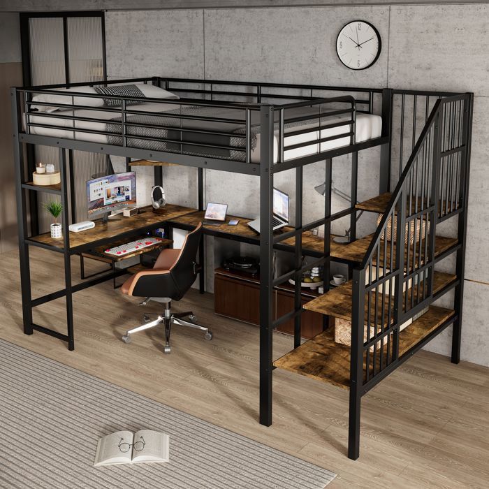 Lit Mezzanine Métal - avec Bureau Intégré - Échelle Sécurisée - Chargeur USB - Noir et Bois Rétro -120x200cm - Merax