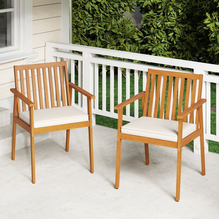 Lot de 2 Chaises de Jardin COSTWAY en Bois dAcacia Coussin Rembourré Amovible Accoudoirs Charge 180 kg Extérieur Intérieur