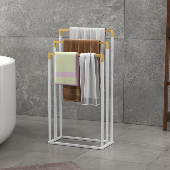 Porte-serviettes sur pied support à 3 barres porte-serviettes de salle de bain acier bambou blanc