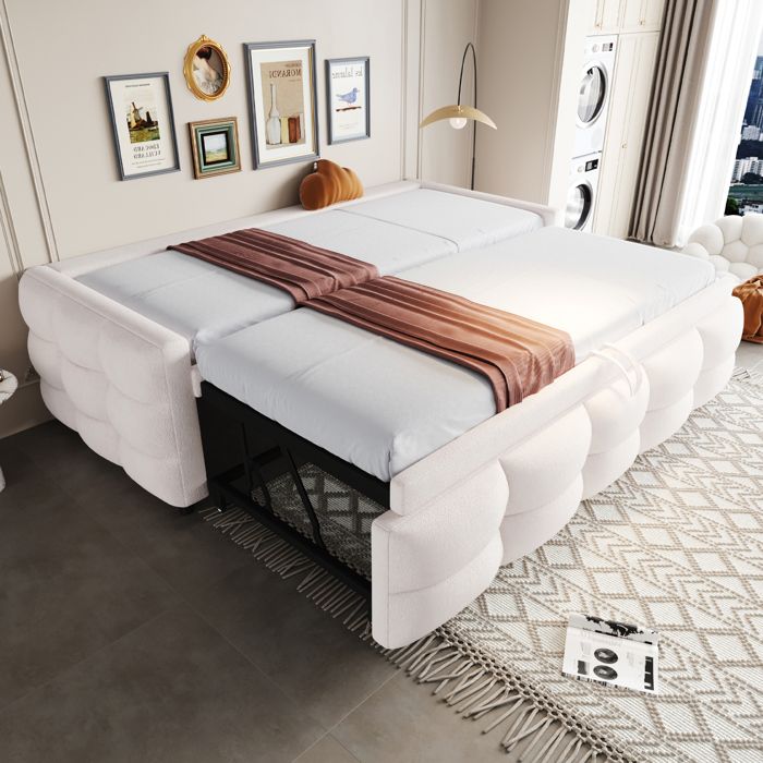 Canapé-lit - KOMHTOM - Extensible 90→180 x 190 cm - Velours teddy - Beige - Sommier à lattes Canapé-lit - KOMHTOM - Extensible 90→180 x 190 cm - Velours teddy - Beige - Sommier à lattes