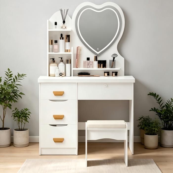 Coiffeuse avec miroir cœur LED et tabouret – Design moderne fonctionnel et durable - Blanc - 80x40x135 cm