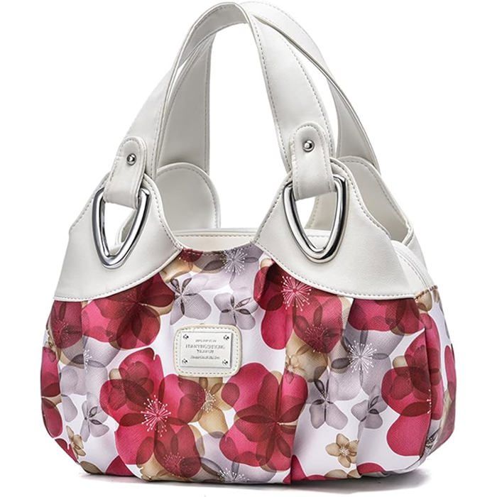 XJYDNCG Sac a Main Femme en cuir PU imprimé floral grand format style rétro - Manche Blanc/Carthame